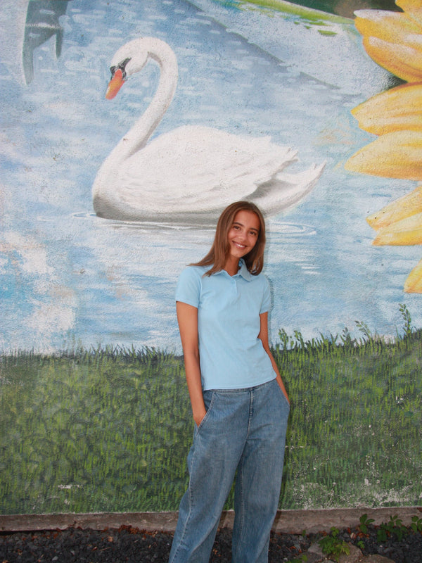 Sarah is 178 cm tall and wearing size S. | light blue